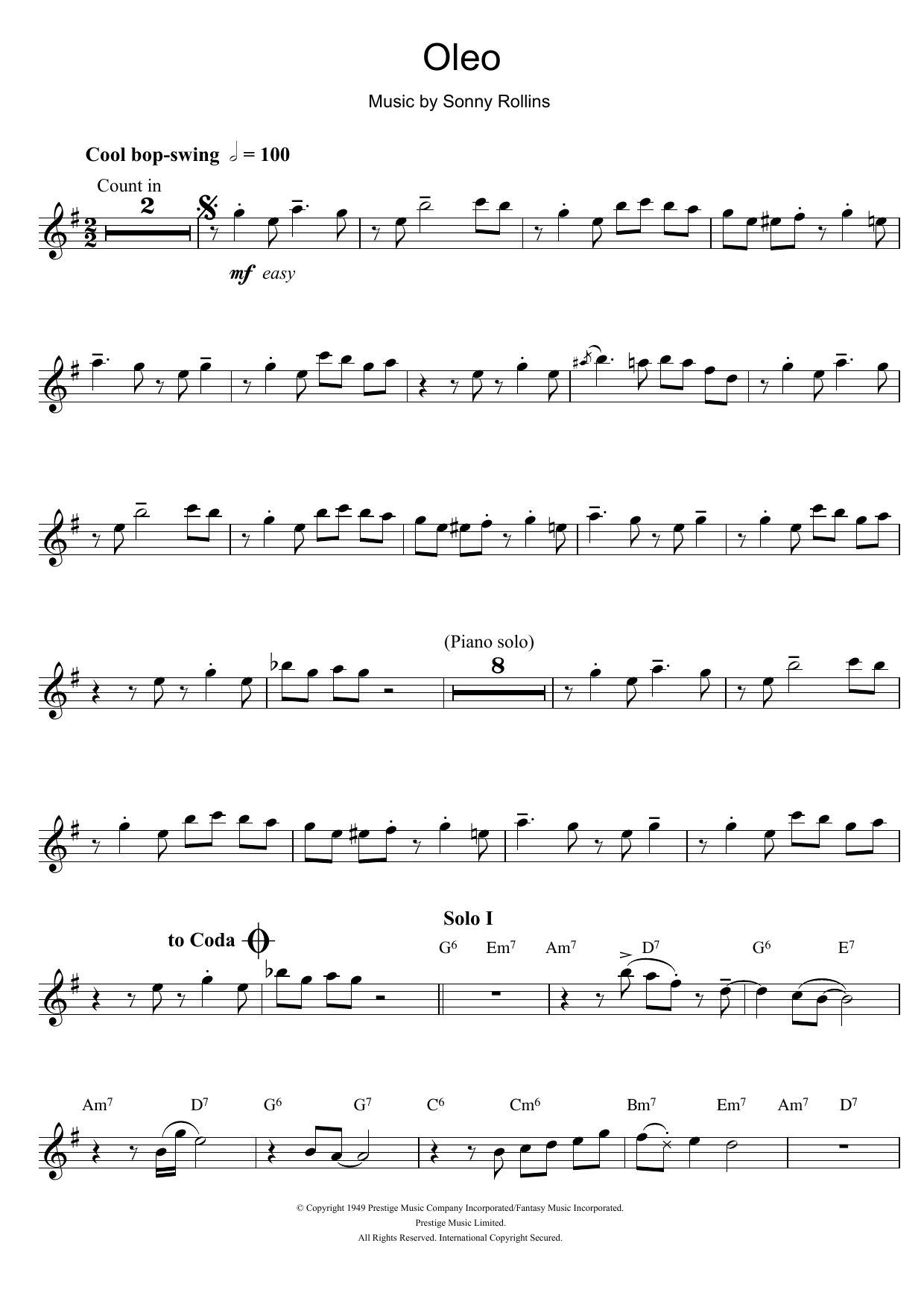 Miles Davis Oleo Sheet Music Notes & Chords for Alto Saxophone - Download or Print PDF