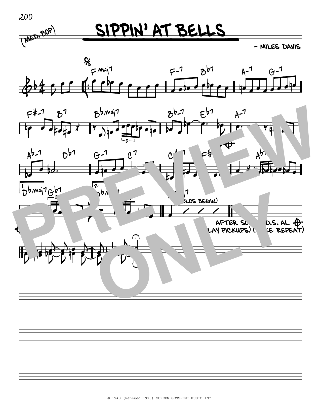 Miles Davis Sippin' At Bells Sheet Music Notes & Chords for Real Book - Melody & Chords - Bass Clef Instruments - Download or Print PDF
