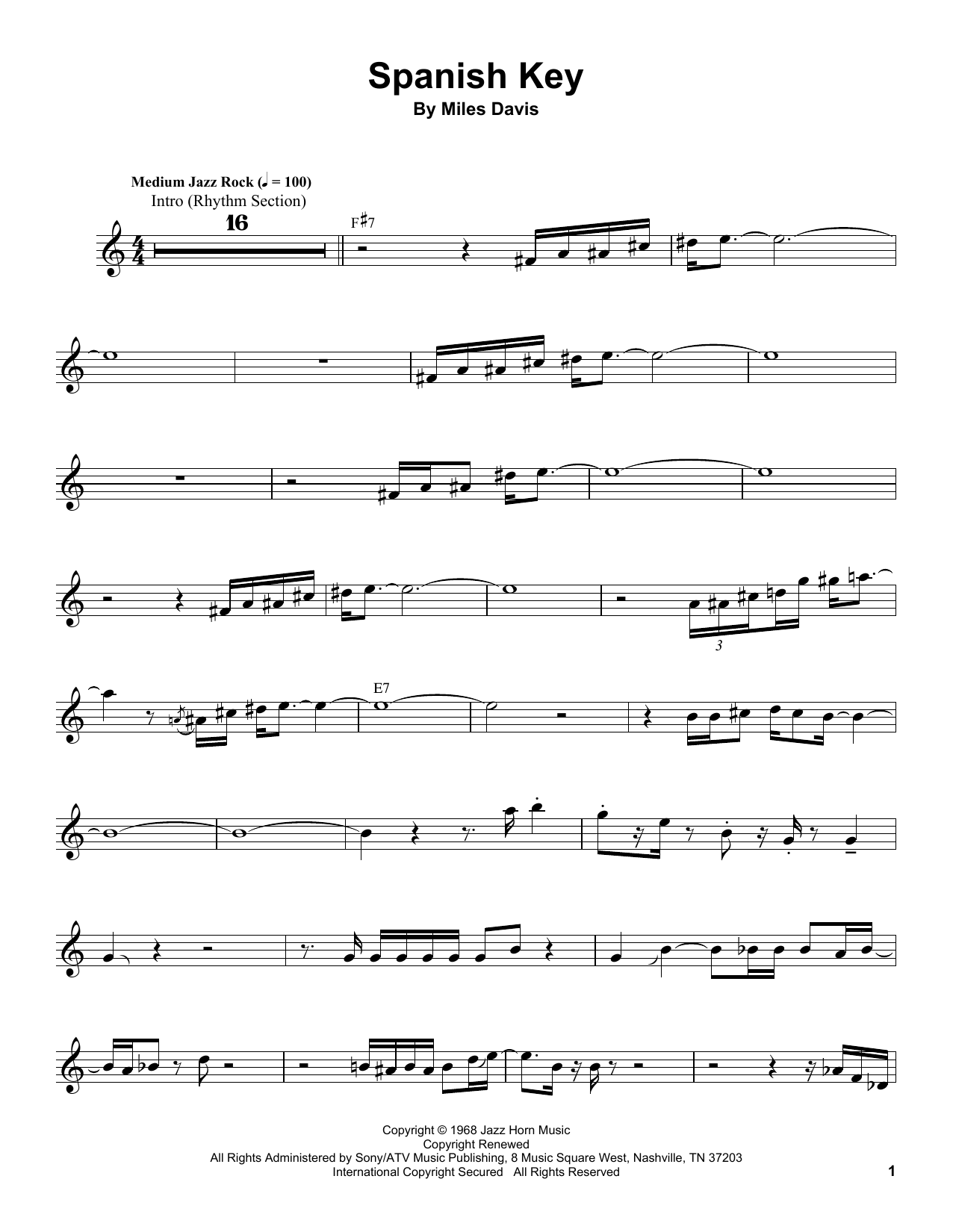 Miles Davis Spanish Key Sheet Music Notes & Chords for Trumpet Transcription - Download or Print PDF