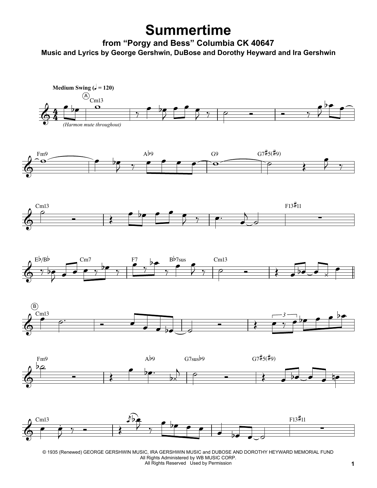 Miles Davis Summertime Sheet Music Notes & Chords for Trumpet Transcription - Download or Print PDF