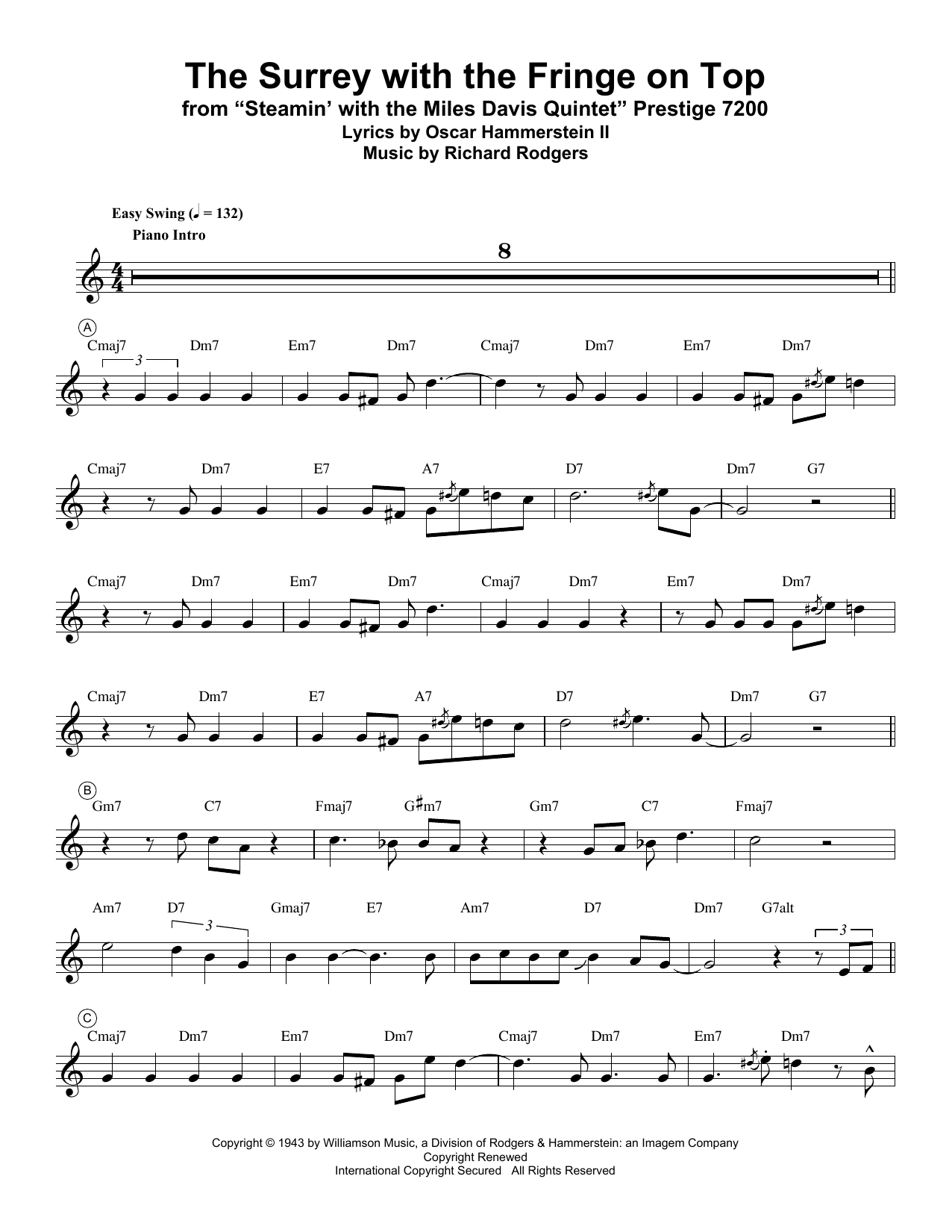 Miles Davis The Surrey With The Fringe On Top (from Oklahoma!) Sheet Music Notes & Chords for Trumpet Transcription - Download or Print PDF