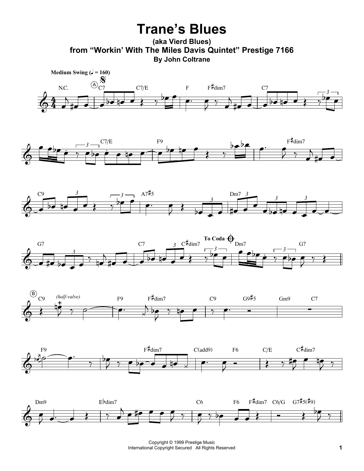 Miles Davis Trane's Blues Sheet Music Notes & Chords for Trumpet Transcription - Download or Print PDF