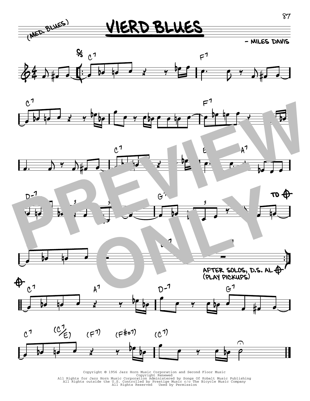 Miles Davis Vierd Blues Sheet Music Notes & Chords for Real Book – Melody & Chords - Download or Print PDF