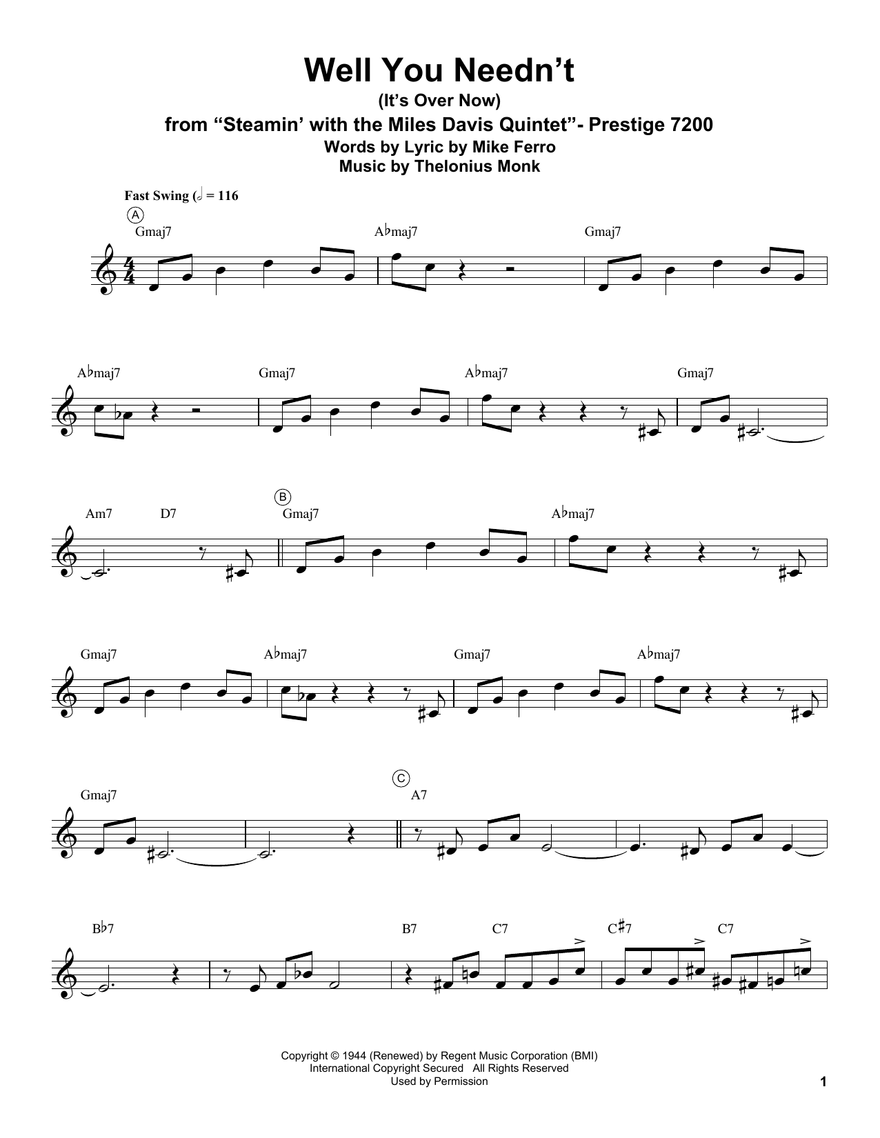 Miles Davis Well You Needn't (It's Over Now) Sheet Music Notes & Chords for Trumpet Transcription - Download or Print PDF