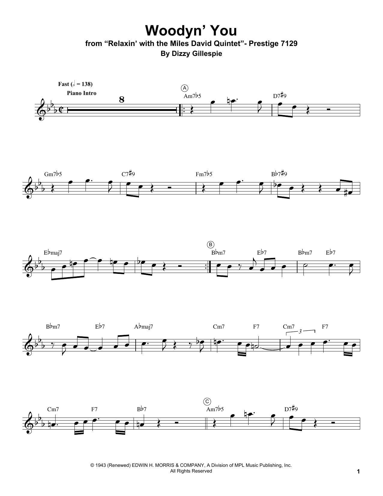 Miles Davis Woodyn' You Sheet Music Notes & Chords for Trumpet Transcription - Download or Print PDF