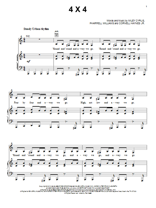 Miley Cyrus 4x4 Sheet Music Notes & Chords for Piano, Vocal & Guitar (Right-Hand Melody) - Download or Print PDF