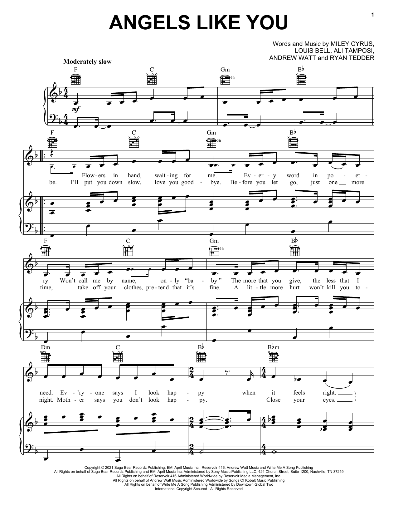 Miley Cyrus Angels Like You Sheet Music Notes & Chords for Piano, Vocal & Guitar (Right-Hand Melody) - Download or Print PDF