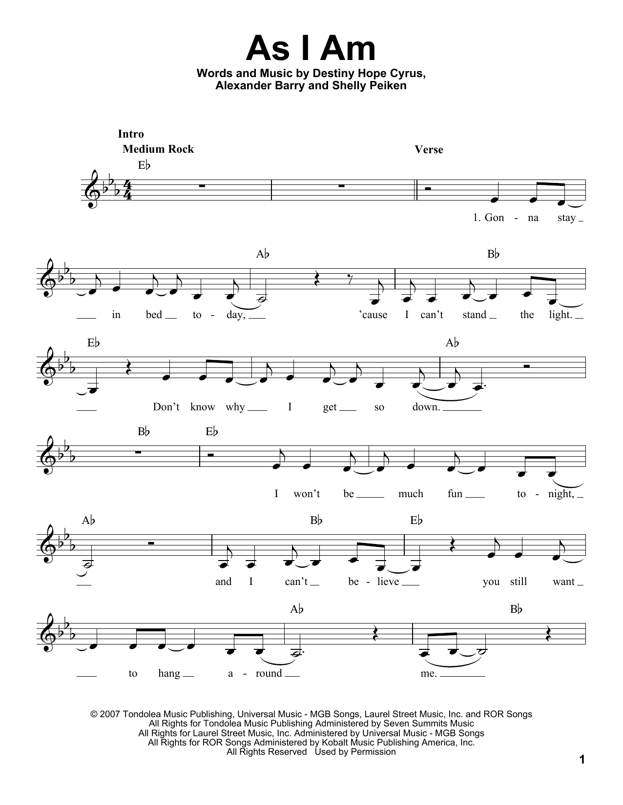 Miley Cyrus As I Am Sheet Music Notes & Chords for Voice - Download or Print PDF
