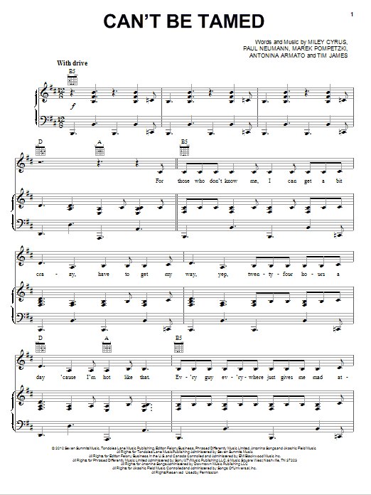 Miley Cyrus Can't Be Tamed Sheet Music Notes & Chords for Piano, Vocal & Guitar (Right-Hand Melody) - Download or Print PDF