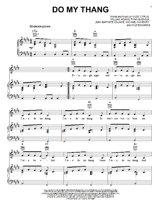 Miley Cyrus Do My Thang Sheet Music Notes & Chords for Piano, Vocal & Guitar (Right-Hand Melody) - Download or Print PDF