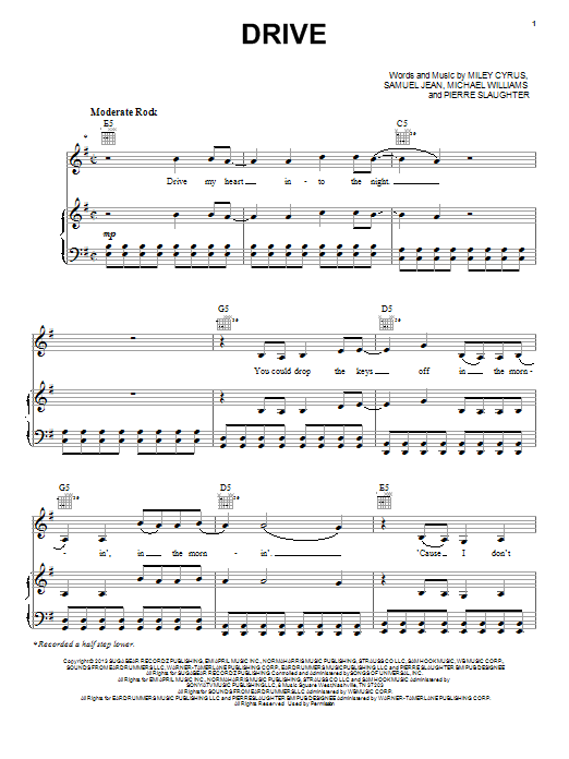 Miley Cyrus Drive Sheet Music Notes & Chords for Piano, Vocal & Guitar (Right-Hand Melody) - Download or Print PDF
