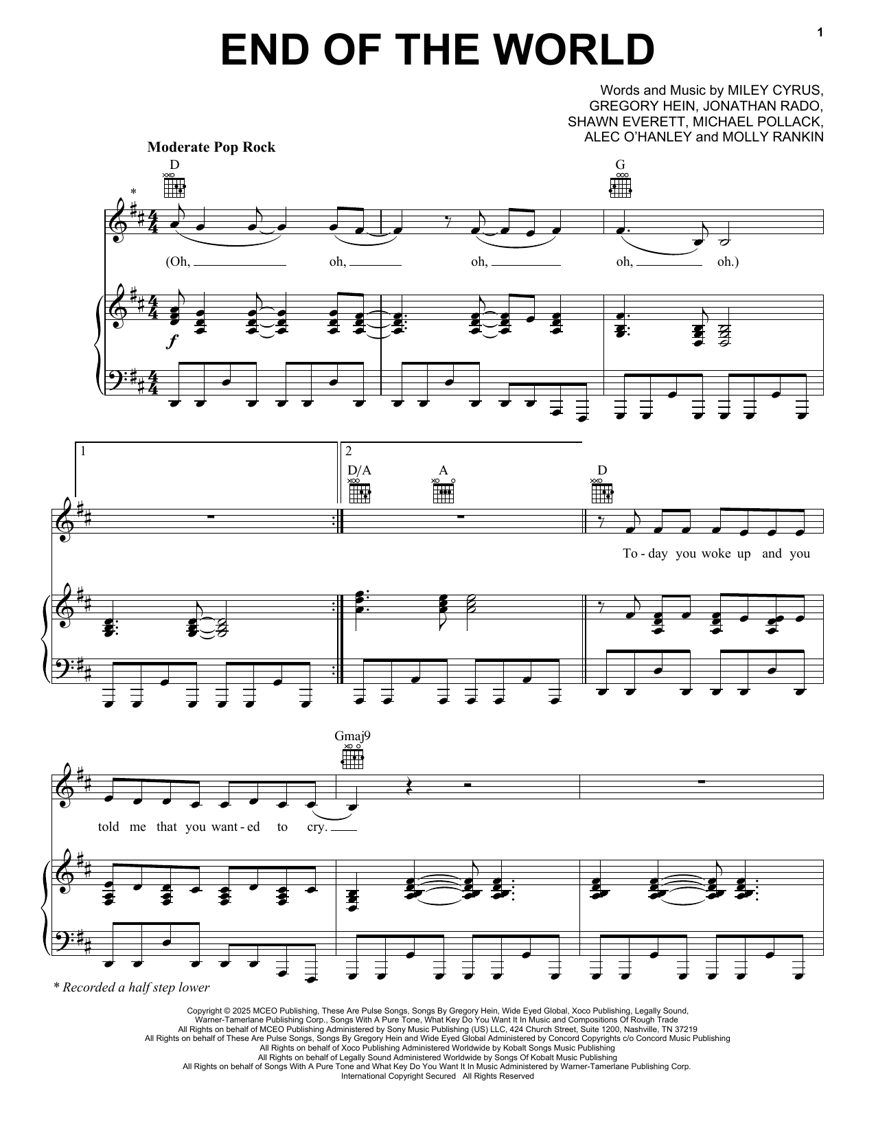Miley Cyrus End Of The World Sheet Music Notes & Chords for Piano, Vocal & Guitar Chords (Right-Hand Melody) - Download or Print PDF Miley Cyrus End Of The World Sheet Music Notes & Chords for Piano, Vocal & Guitar Chords (Right-Hand Melody) - Download or Print PDF