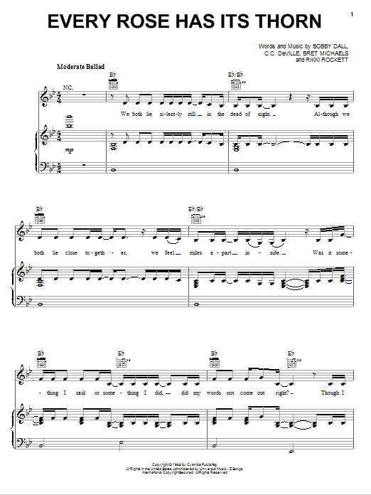 Miley Cyrus Every Rose Has Its Thorn Sheet Music Notes & Chords for Piano, Vocal & Guitar (Right-Hand Melody) - Download or Print PDF