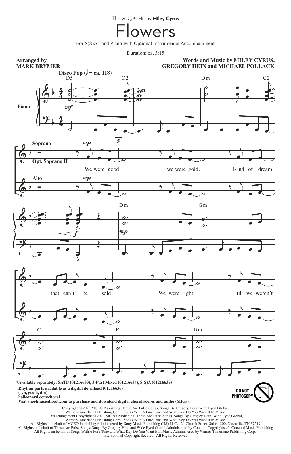 Miley Cyrus Flowers (arr. Mark Brymer) Sheet Music Notes & Chords for 3-Part Mixed Choir - Download or Print PDF