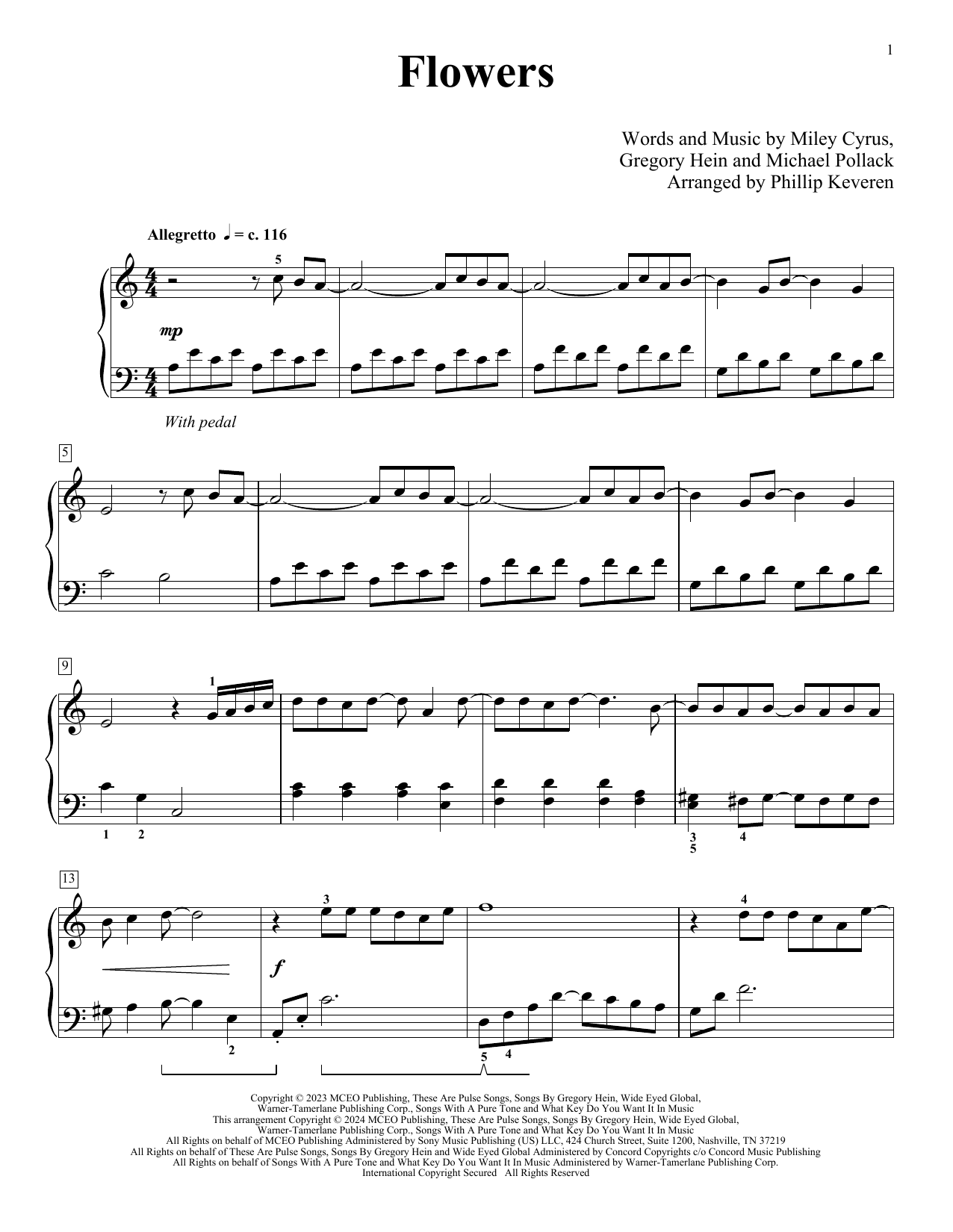 Miley Cyrus Flowers (arr. Phillip Keveren) Sheet Music Notes & Chords for Piano Solo - Download or Print PDF