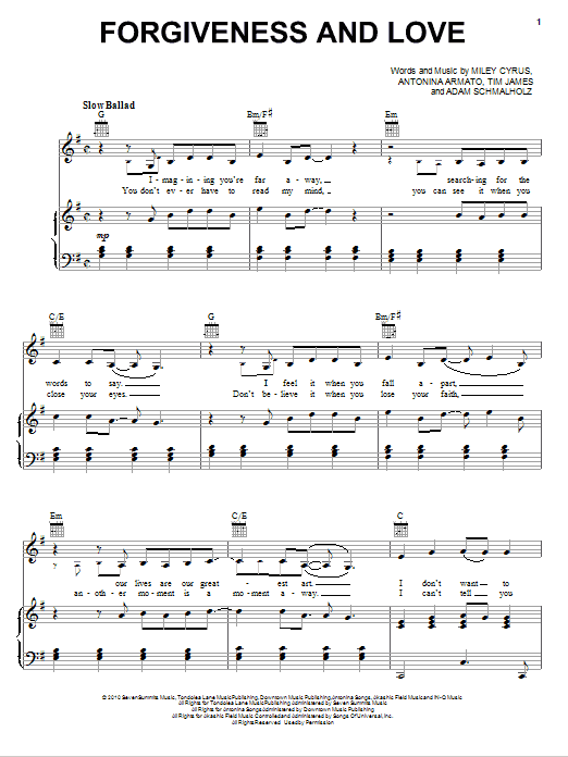 Miley Cyrus Forgiveness And Love Sheet Music Notes & Chords for Piano, Vocal & Guitar (Right-Hand Melody) - Download or Print PDF