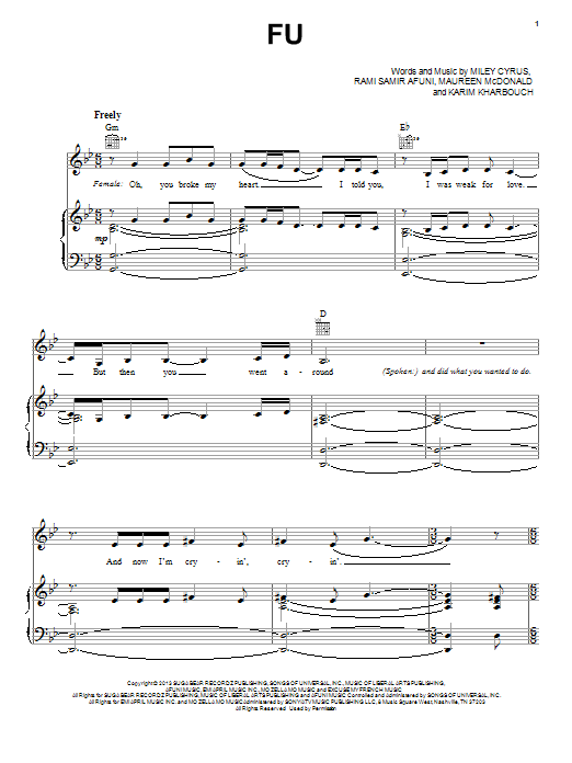 Miley Cyrus FU Sheet Music Notes & Chords for Piano, Vocal & Guitar (Right-Hand Melody) - Download or Print PDF