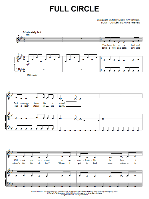 Miley Cyrus Full Circle Sheet Music Notes & Chords for Piano, Vocal & Guitar (Right-Hand Melody) - Download or Print PDF