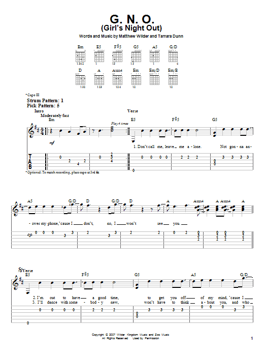 Miley Cyrus G.N.O. (Girl's Night Out) Sheet Music Notes & Chords for Easy Guitar with TAB - Download or Print PDF