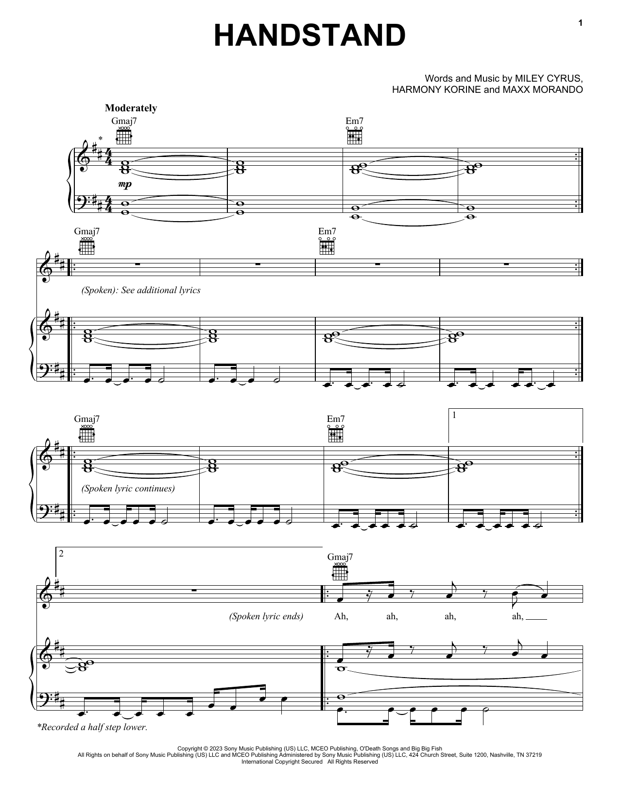 Miley Cyrus Handstand Sheet Music Notes & Chords for Piano, Vocal & Guitar Chords (Right-Hand Melody) - Download or Print PDF
