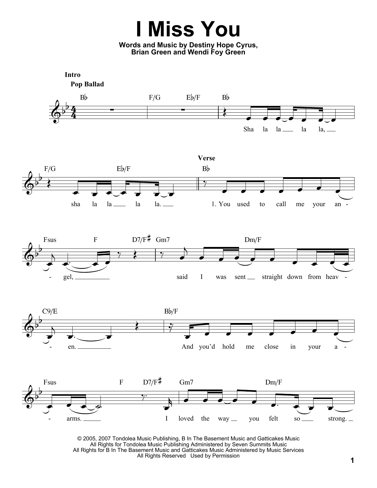 Miley Cyrus I Miss You Sheet Music Notes & Chords for Voice - Download or Print PDF