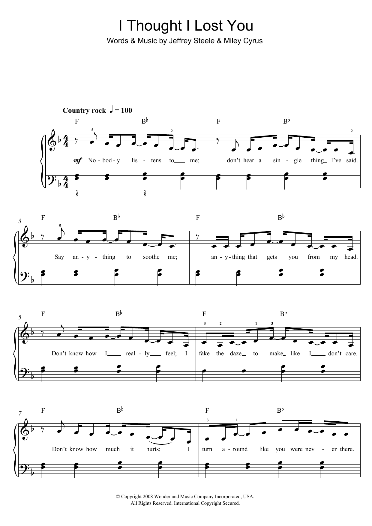 Miley Cyrus I Thought I Lost You (From Bolt) Sheet Music Notes & Chords for Beginner Piano - Download or Print PDF