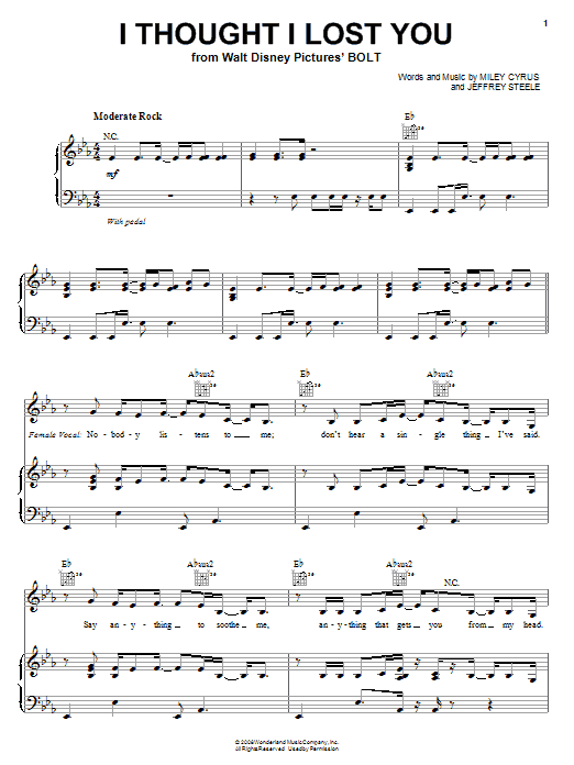 Miley Cyrus I Thought I Lost You Sheet Music Notes & Chords for Piano, Vocal & Guitar (Right-Hand Melody) - Download or Print PDF