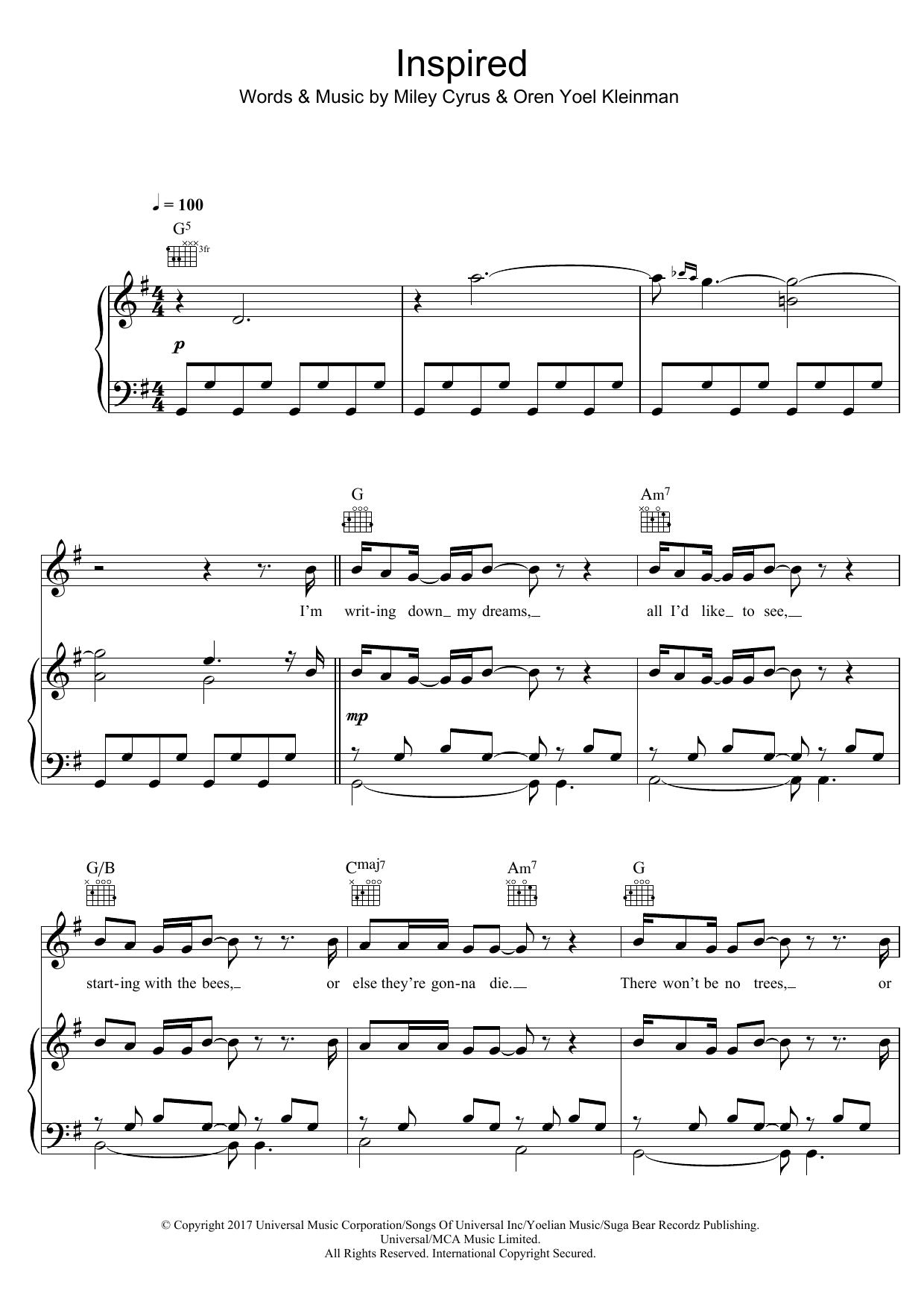 Miley Cyrus Inspired Sheet Music Notes & Chords for Piano, Vocal & Guitar (Right-Hand Melody) - Download or Print PDF