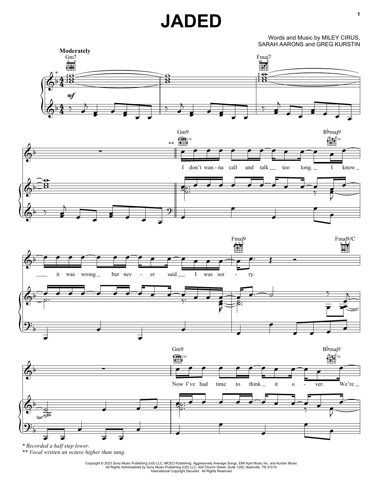 Miley Cyrus Jaded Sheet Music Notes & Chords for Piano, Vocal & Guitar Chords (Right-Hand Melody) - Download or Print PDF