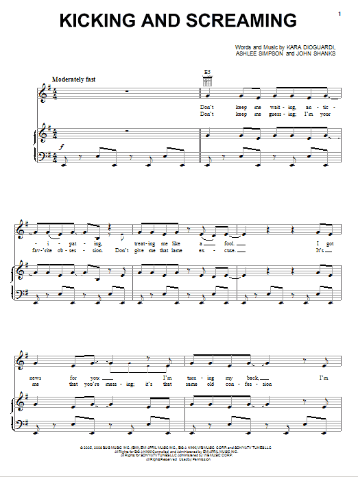 Miley Cyrus Kicking And Screaming Sheet Music Notes & Chords for Piano, Vocal & Guitar (Right-Hand Melody) - Download or Print PDF