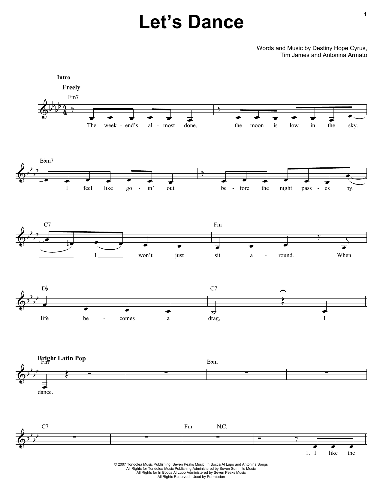 Miley Cyrus Let's Dance Sheet Music Notes & Chords for Voice - Download or Print PDF