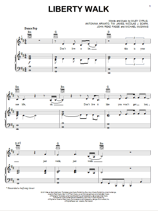 Miley Cyrus Liberty Walk Sheet Music Notes & Chords for Piano, Vocal & Guitar (Right-Hand Melody) - Download or Print PDF