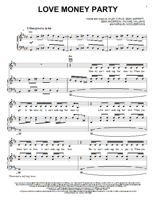 Miley Cyrus Love Money Party Sheet Music Notes & Chords for Piano, Vocal & Guitar (Right-Hand Melody) - Download or Print PDF