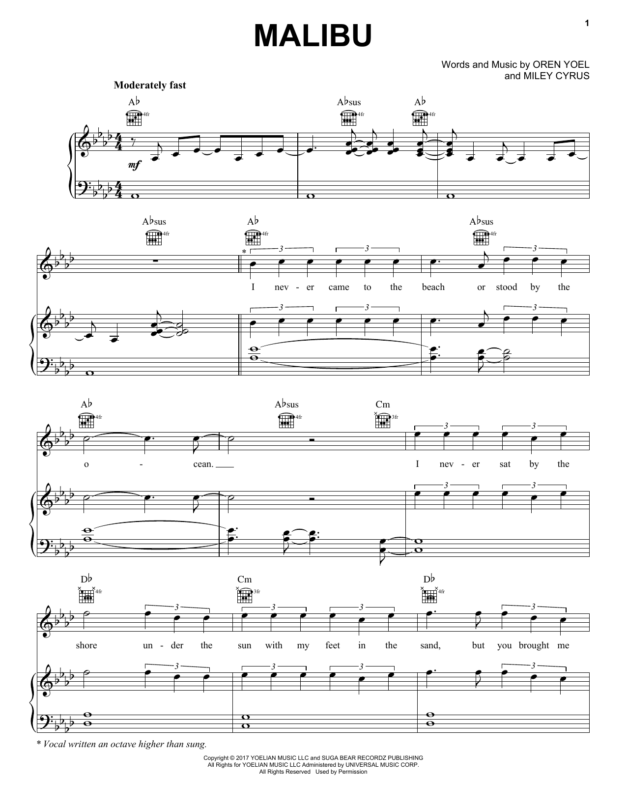 Miley Cyrus Malibu Sheet Music Notes & Chords for Piano, Vocal & Guitar (Right-Hand Melody) - Download or Print PDF