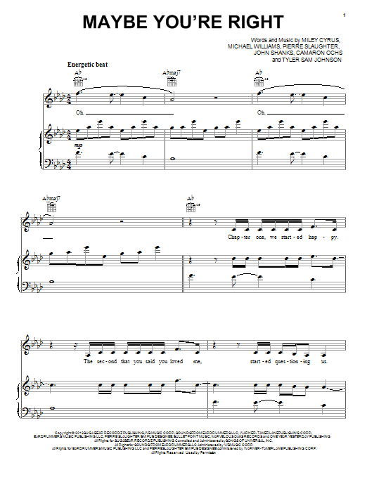 Miley Cyrus Maybe You're Right Sheet Music Notes & Chords for Piano, Vocal & Guitar (Right-Hand Melody) - Download or Print PDF