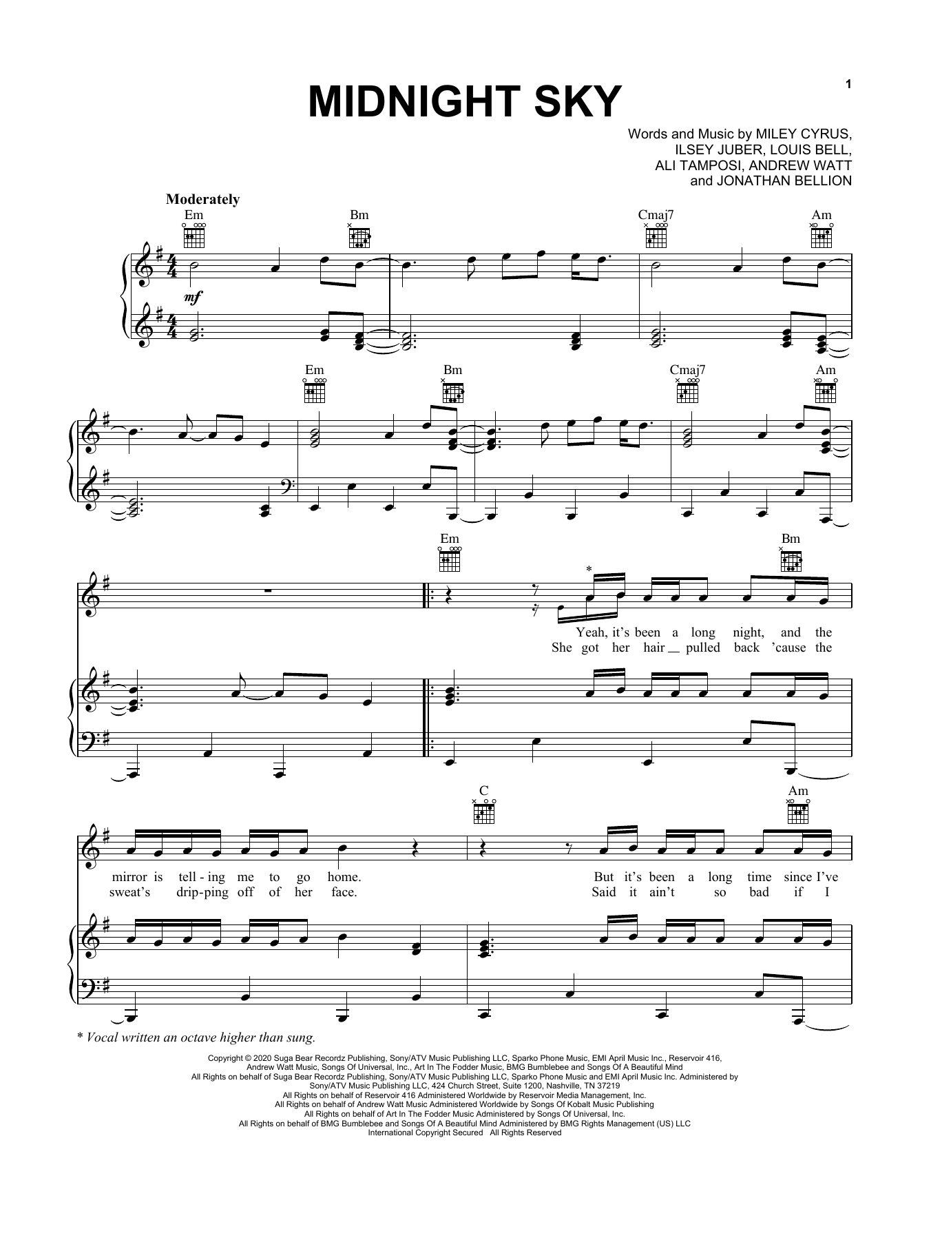 Miley Cyrus Midnight Sky Sheet Music Notes & Chords for Piano, Vocal & Guitar (Right-Hand Melody) - Download or Print PDF