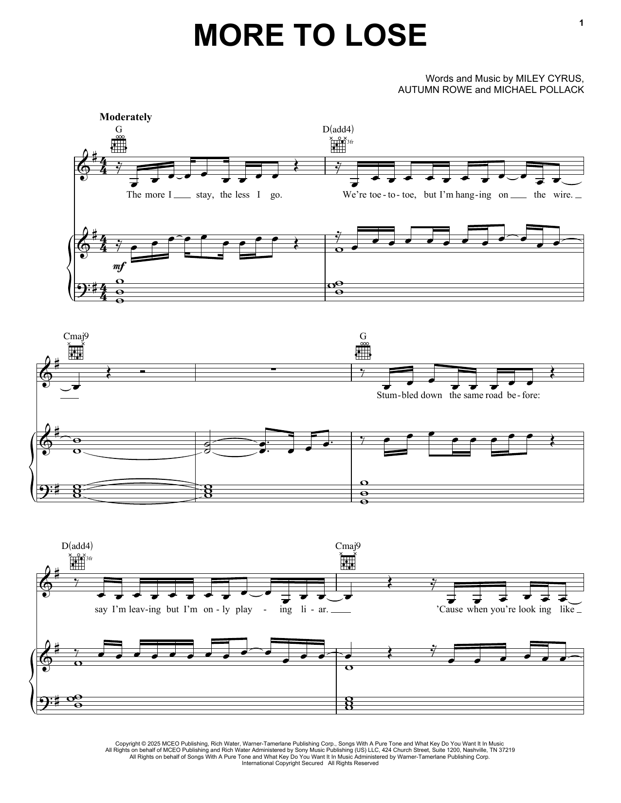 Miley Cyrus More To Lose Sheet Music Notes & Chords for Piano, Vocal & Guitar Chords (Right-Hand Melody) - Download or Print PDF