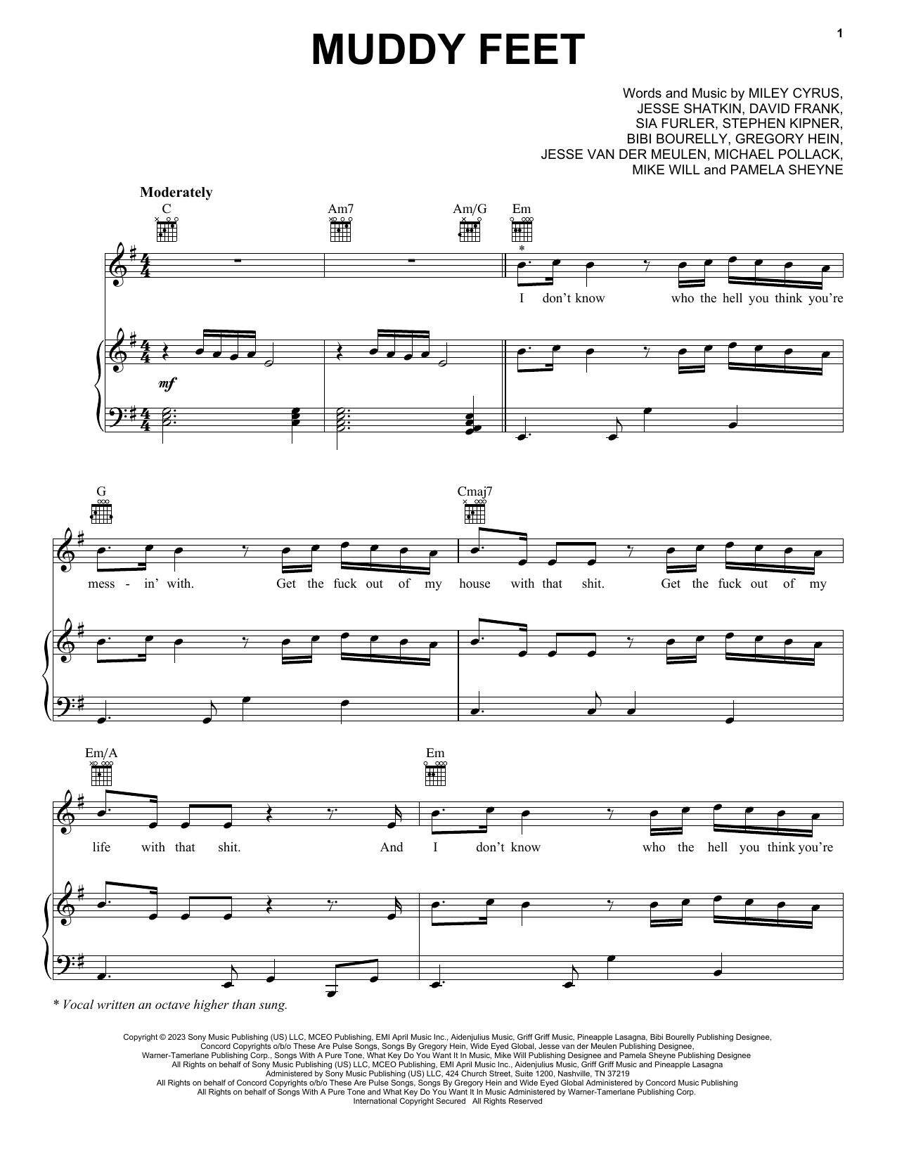 Miley Cyrus feat. Sia Muddy Feet Sheet Music Notes & Chords for Easy Piano - Download or Print PDF