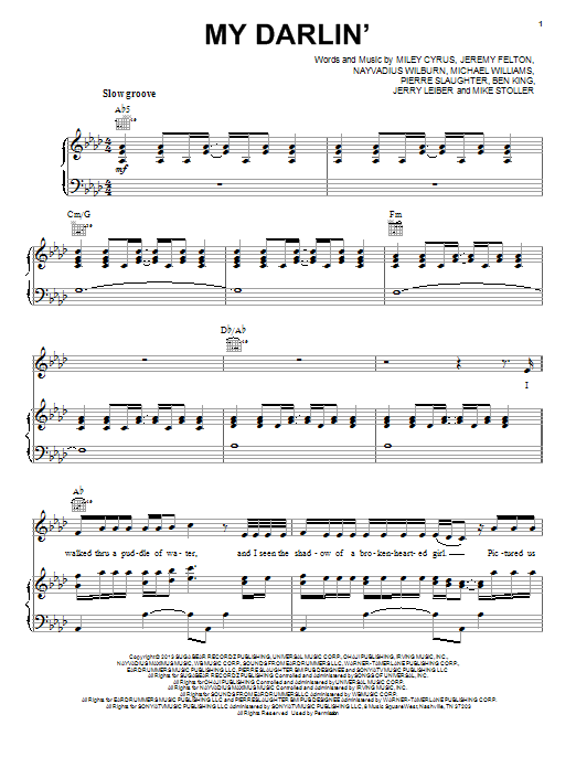 Miley Cyrus My Darlin' Sheet Music Notes & Chords for Piano, Vocal & Guitar (Right-Hand Melody) - Download or Print PDF