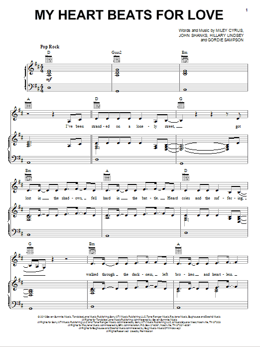 Miley Cyrus My Heart Beats For Love Sheet Music Notes & Chords for Piano, Vocal & Guitar (Right-Hand Melody) - Download or Print PDF