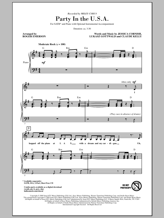 Miley Cyrus Party In The USA (arr. Roger Emerson) Sheet Music Notes & Chords for SATB - Download or Print PDF