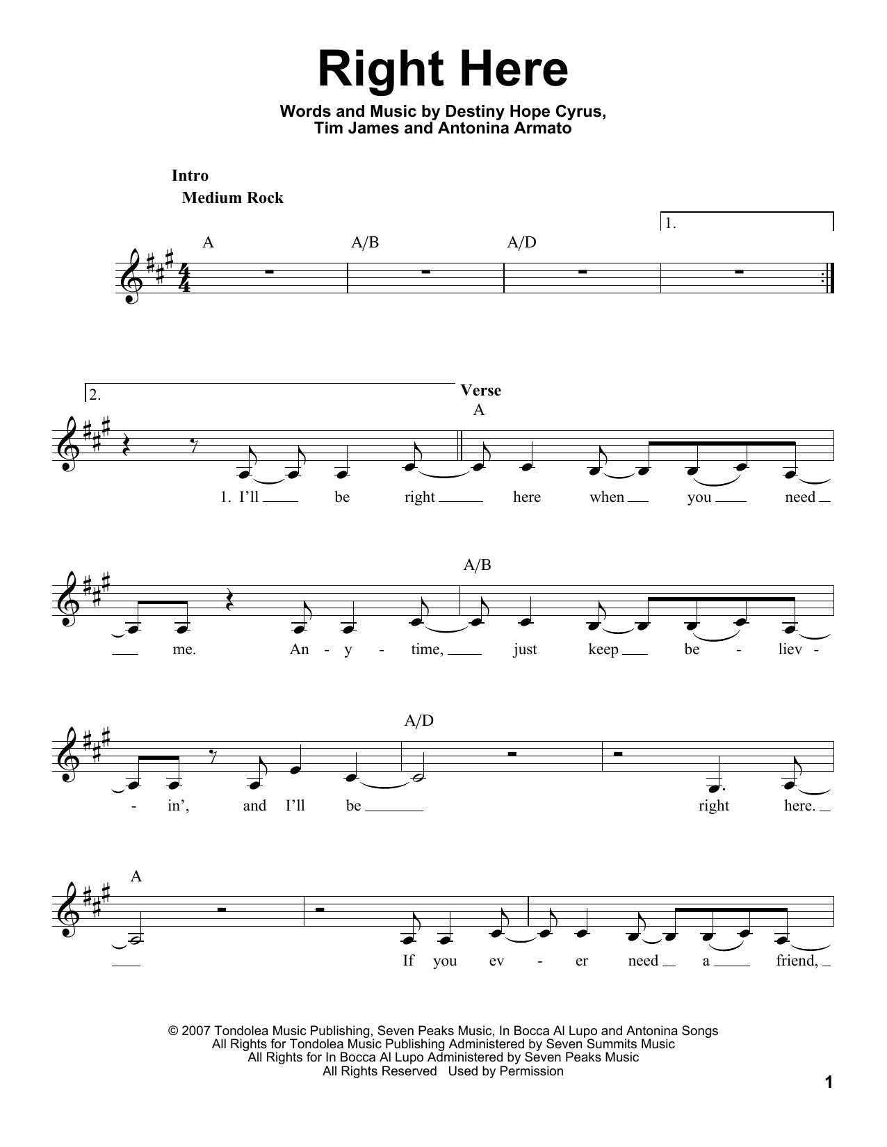 Miley Cyrus Right Here Sheet Music Notes & Chords for Voice - Download or Print PDF