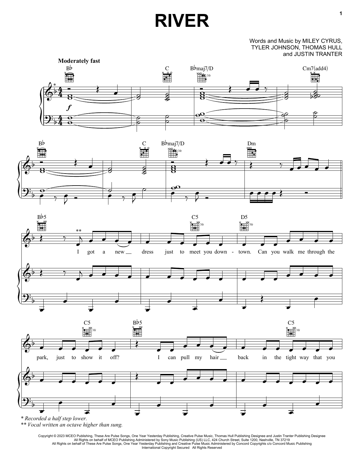 Miley Cyrus River Sheet Music Notes & Chords for Piano, Vocal & Guitar Chords (Right-Hand Melody) - Download or Print PDF
