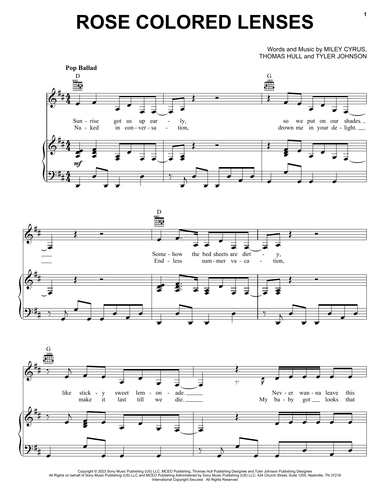 Miley Cyrus Rose Colored Lenses Sheet Music Notes & Chords for Piano, Vocal & Guitar Chords (Right-Hand Melody) - Download or Print PDF