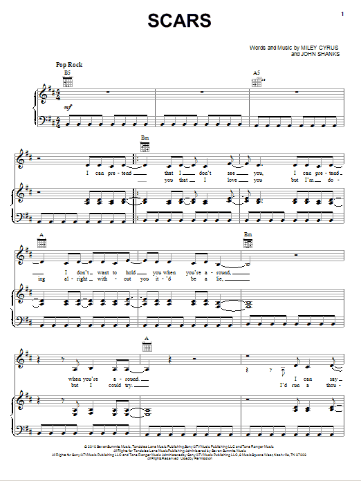 Miley Cyrus Scars Sheet Music Notes & Chords for Piano, Vocal & Guitar (Right-Hand Melody) - Download or Print PDF