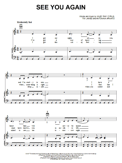 Miley Cyrus See You Again Sheet Music Notes & Chords for Easy Piano - Download or Print PDF