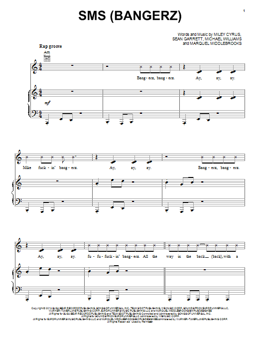 Miley Cyrus SMS (Bangerz) Sheet Music Notes & Chords for Piano, Vocal & Guitar (Right-Hand Melody) - Download or Print PDF