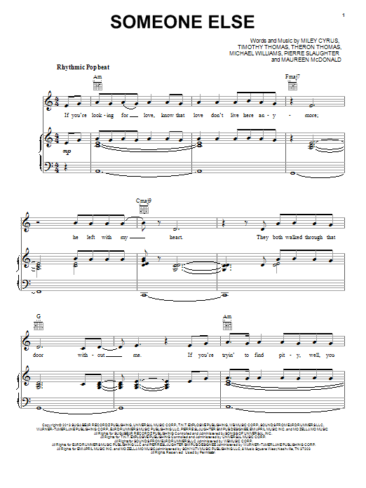 Miley Cyrus Someone Else Sheet Music Notes & Chords for Piano, Vocal & Guitar (Right-Hand Melody) - Download or Print PDF
