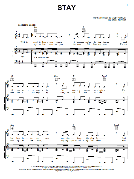 Miley Cyrus Stay Sheet Music Notes & Chords for Piano, Vocal & Guitar (Right-Hand Melody) - Download or Print PDF