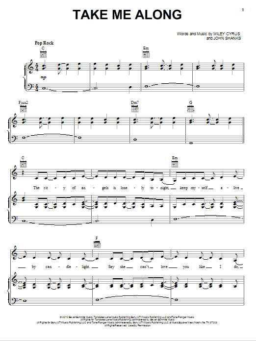 Miley Cyrus Take Me Along Sheet Music Notes & Chords for Piano, Vocal & Guitar (Right-Hand Melody) - Download or Print PDF